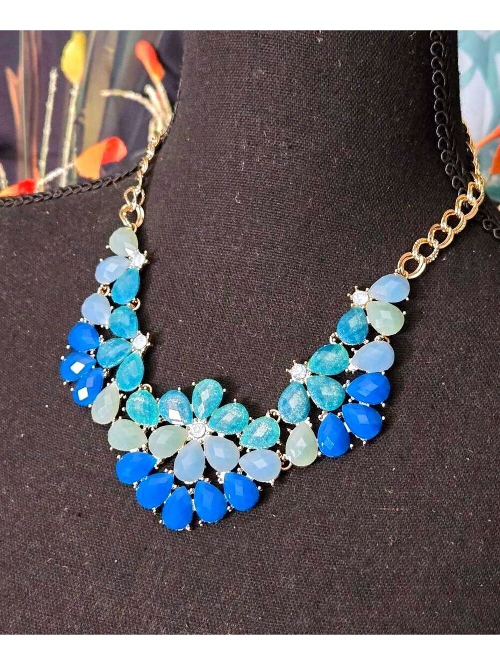 Blue Teardrop Statement Bib Necklace with Gold-Tone Chain